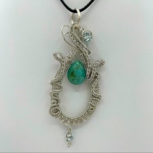 Handmade Crafted Boho Silver Wire Wrapped Pendant Turquoise Stone Czech Crystal
